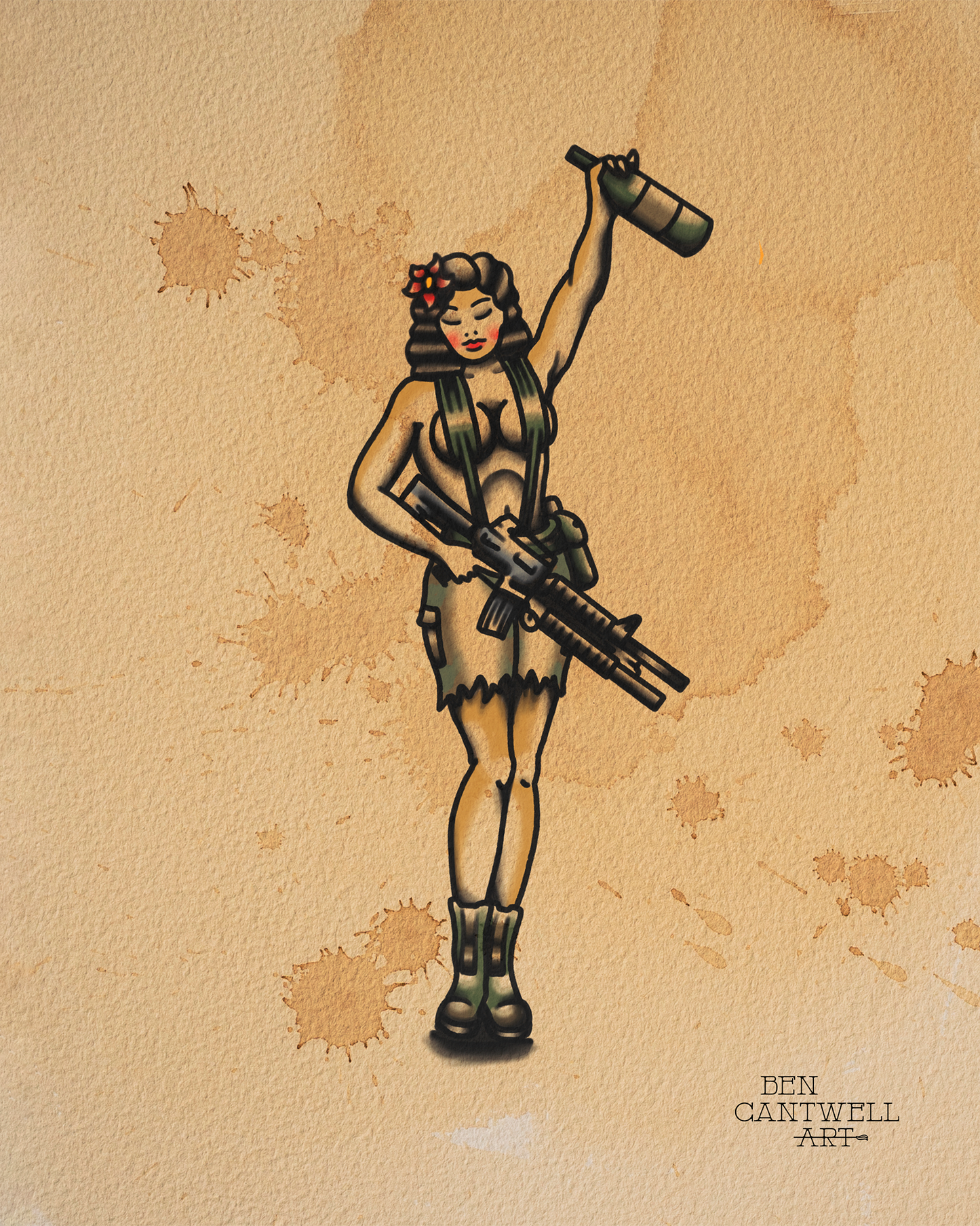 Pin up With M4/m203 Rifle and Bottle