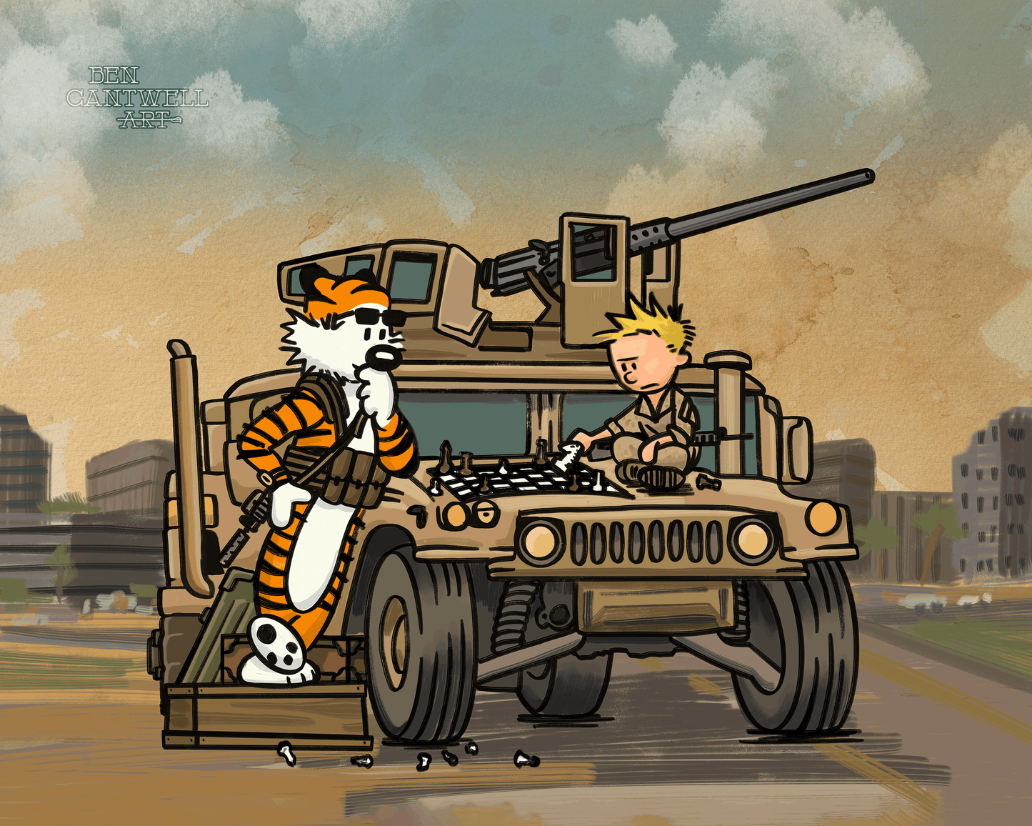 Calvin and Hobbes Playing chess on a Humvee