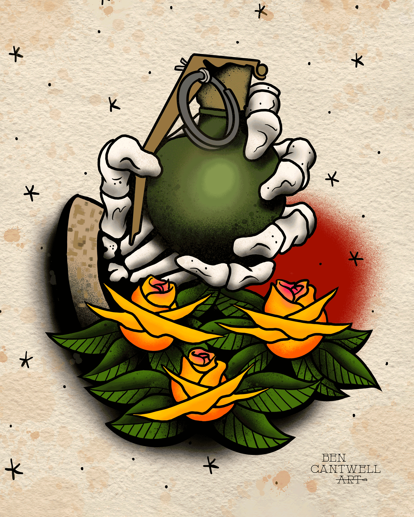 Skeleton Hand With Grenade And Flowers