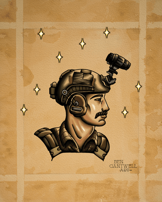 Traditional American Tattoo Male With Ops-core helmet and NVGs