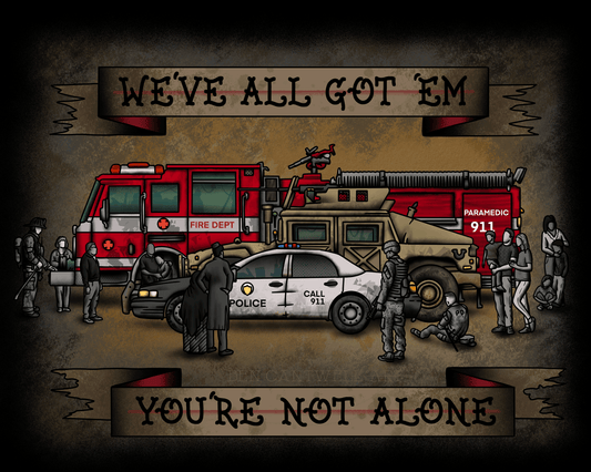 Ptsd ghosts with police car, Humvee and fire engine